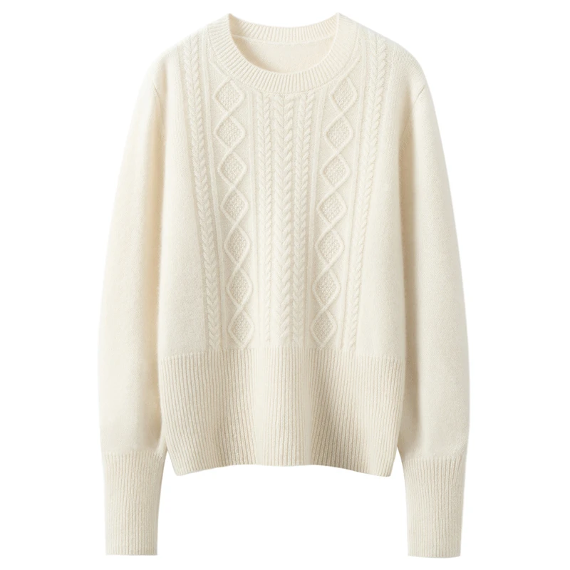 New 100% Cashmere Women Autumn Winter Thick O-Neck Cable‑Knit Long Ribbed Sweater Elegant Mature Minimalist Knit Pullover