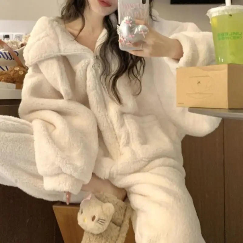 

Ins Women Thick Coral Fleece Pajamas Set Winter Hooded Homewear Loungewear Outfit for Ladies Autumn Winter Cozy Warm