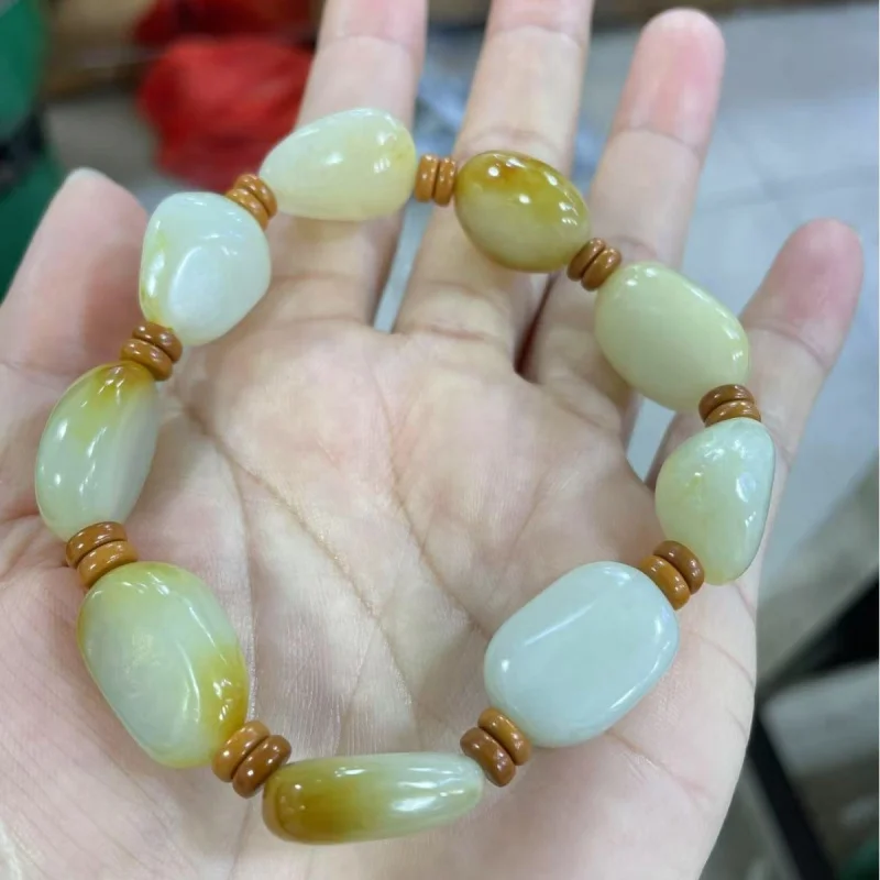 

Hotan jade seedstone with skin, freeform beads, three-way , unisex bracelet jewelry