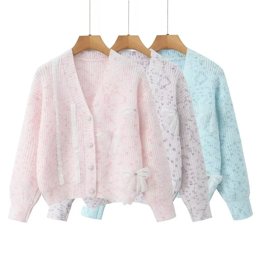 

Милый стильный вязаный свободный кардиган с бантом, цветной свитер в горошек, кружевной край, осенне-зимний женский топ