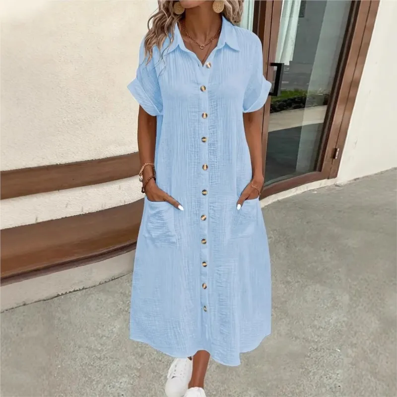 فستان ماكسي صيفي كاجوال بلون سادة بسيط ورقبة على شكل حرف V للنساء بأكمام قصيرة مع جيب فساتين قميص فساتين نسائية