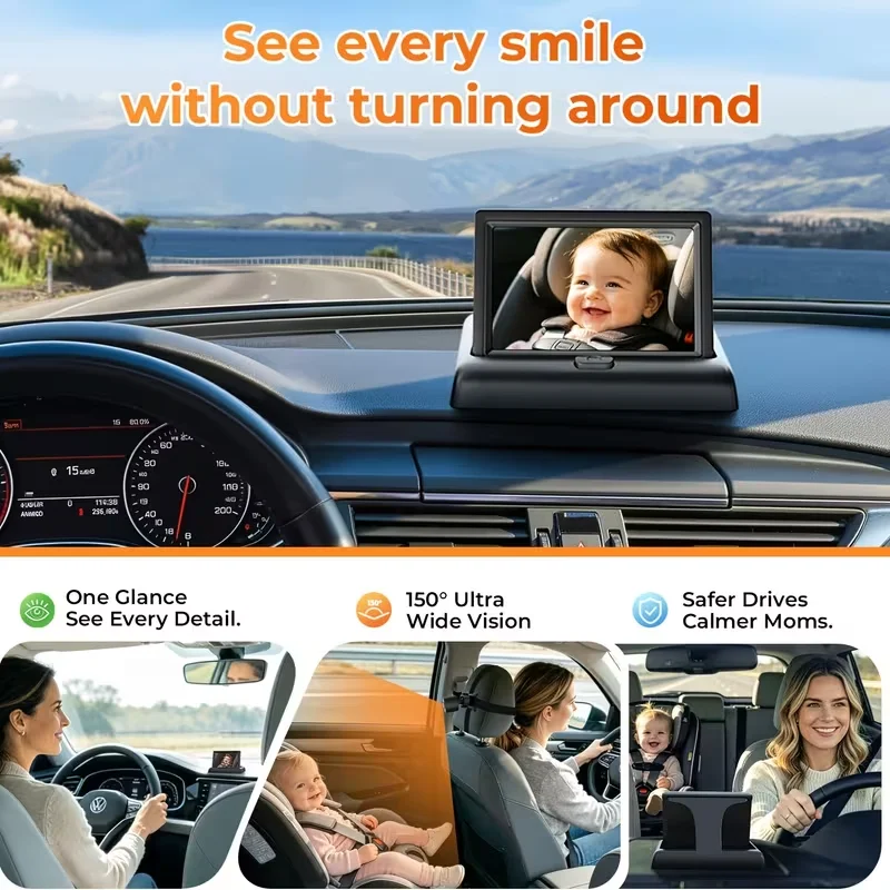 Baby Car Seat Camera Mirror, 4.3‑Inch HD Screen, Night Vision, Wide Clear View, Infant Safety Monitor for Rear‑Facing Car Seats