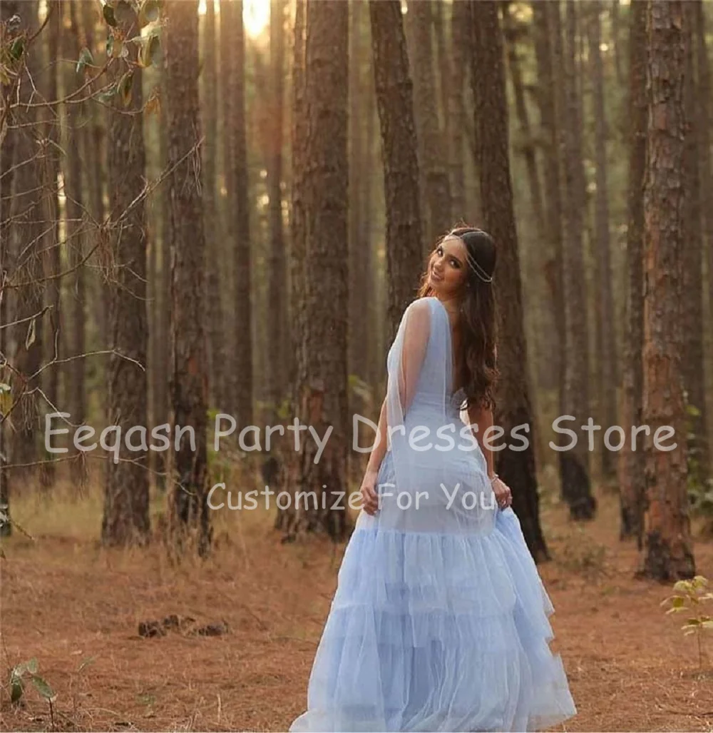 Eeqasn Light Blue Tulle Saudi Arabic Evening Dresses V Neck Tiered Women Formal Party Dress Long Pageant Gowns Robe de mariage