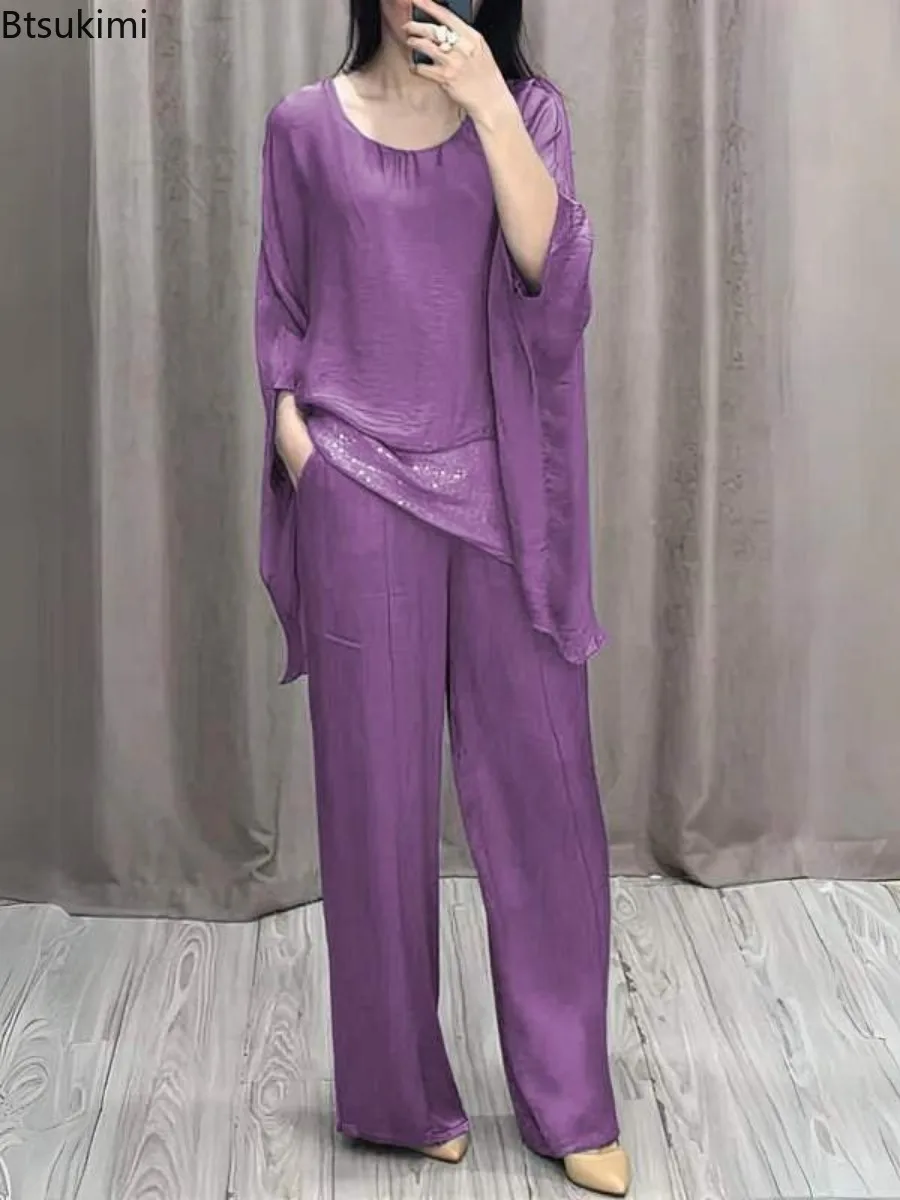 2024 Retro Casual Two Pieces Women's Solid Splice Sequin Set O-neck Raglan Short Sleeve Tops and Wide Leg Pants Loose Suit Femme
