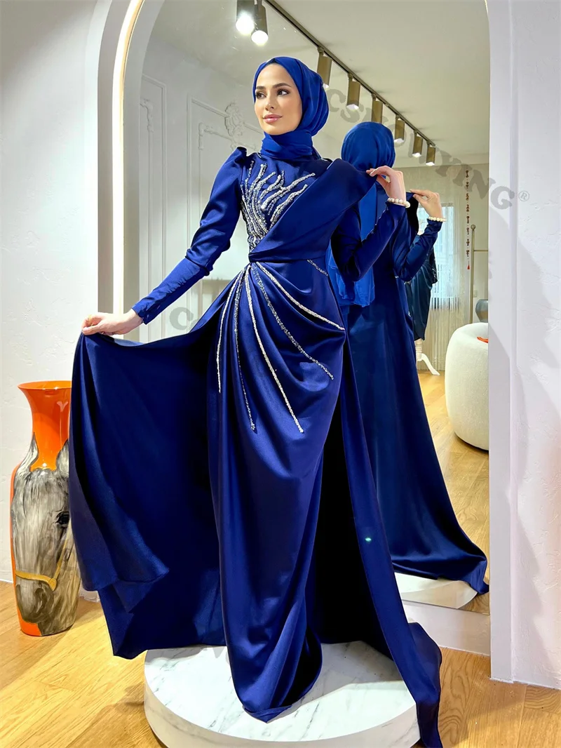 

Long Sleeve Hijab Muslim Evening Dress Islamic Satin Appliquies Beaded Women Formal Party Gowns Arabic Dubai Moroccan Caftan