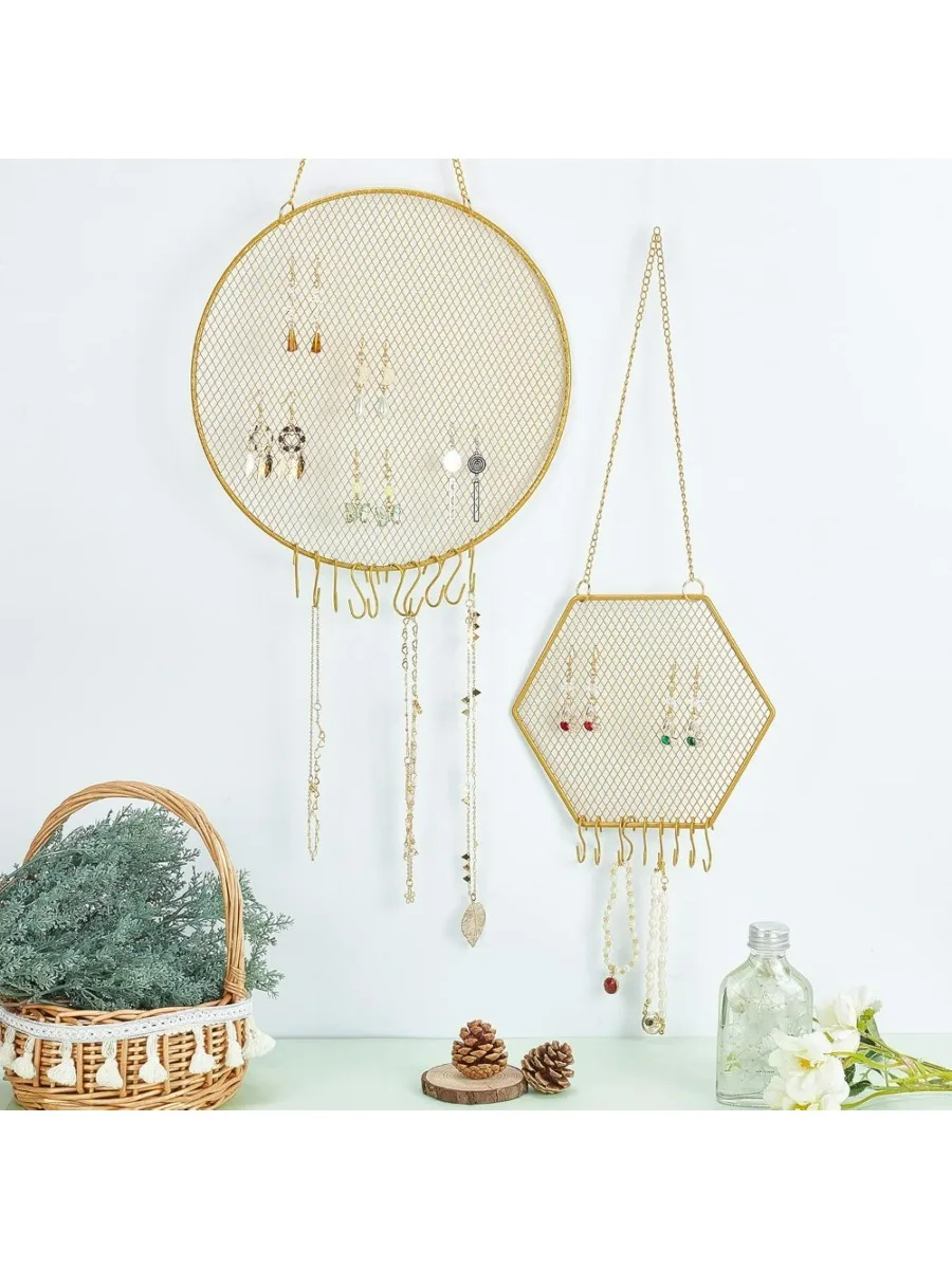 2 Sets Earring Wall Holder Wall Mounted Earring Organizer Round & Polygonal Hanging Earring Stand Decorative Jewelry Display