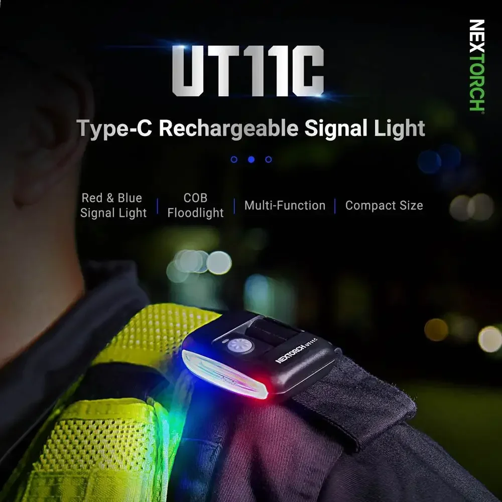 

Nextorch UT11C/UT11 Rechargeable Signal/Clip Light / Flashlight, White/Blue/Red 3 LED Source, COB Soft Flood-light, Lightweight