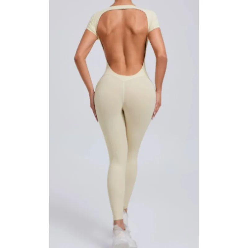 Tuta da yoga monopezzo da donna manica corta aperta sul retro slim fit outfit sportivo collant abbigliamento fitness da palestra per sollevamento dell'anca ad asciugatura rapida