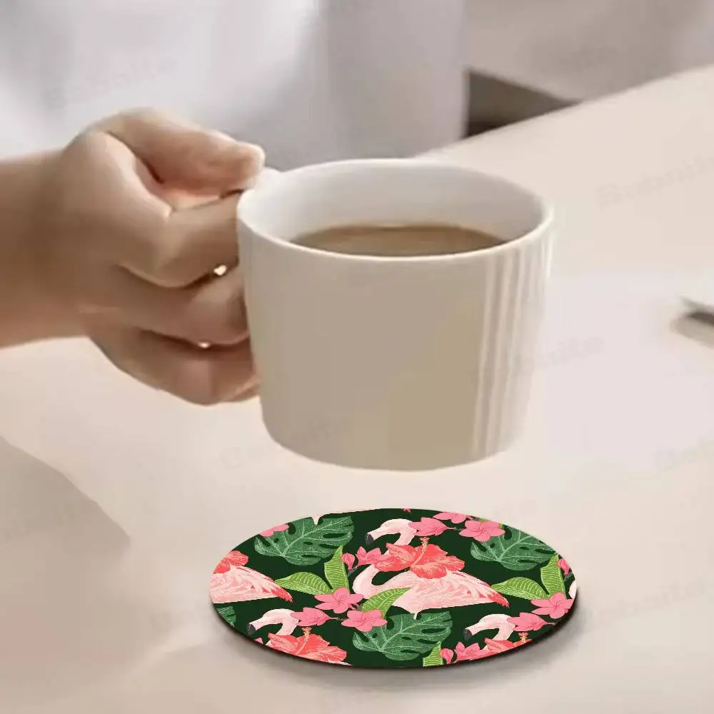 Flamingo Tropical Leaf Themed Wooden Coaster Creative Heat-Resistant Non-Slip Table Mat, Suitable for Protecting Desktop 5