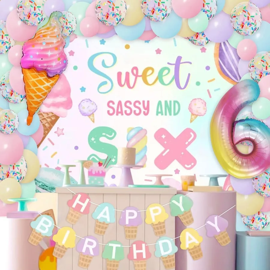 Zoete Sassy en zes verjaardagsdecoraties voor 6-jarig meisje Verjaardagsfeestje Decor Ijs Donut Achtergrond Ballonnen Macaron Bab
