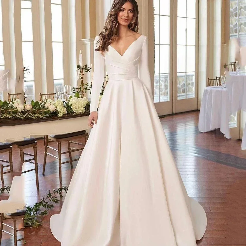 Customized V-Neck Long Sleeve A-Line Wedding Dresses 2025 Backless Satin Bridal Gowns For Women vestidos de novia
