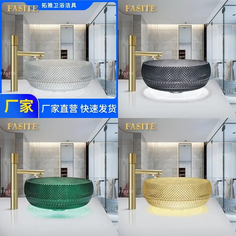 For Hotel Bathroom Light Luxury Crystal Glass Counter Basin Die Casting Wash Table Elegant Transparent Vanity Sink Modern