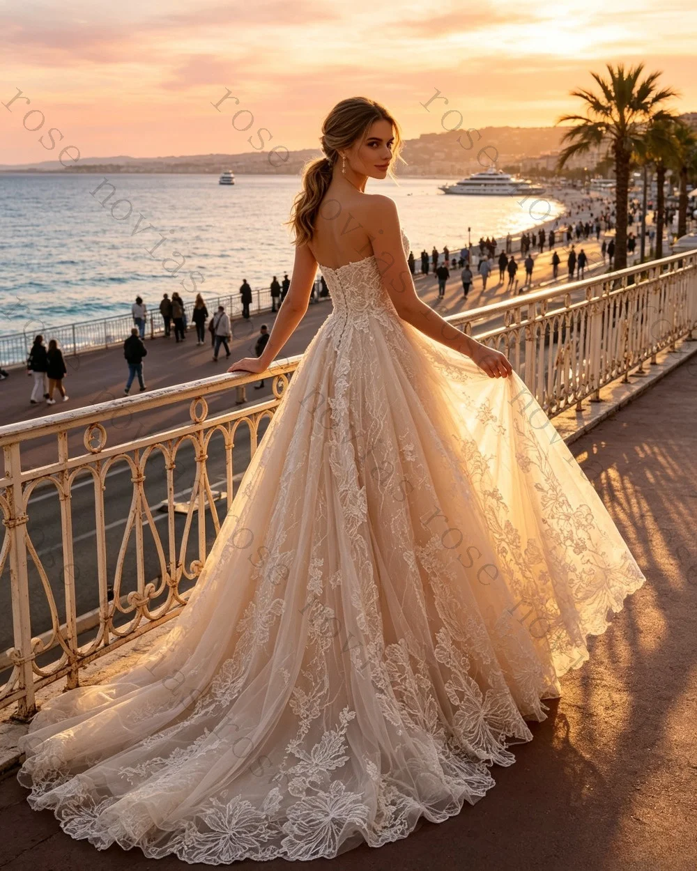 Customized Strapless Lace Pleated Chiffon Ball Dress 2026 New Romantic Strapless Flower Decal Bridal Gown Luxurious Wedding