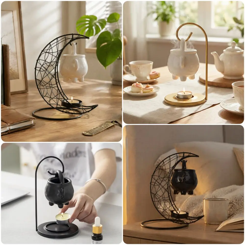 Moon Aromatherapy Stove Hanging Design Ceramic Stove Tealight Holder Iron Material Gift Idea Essential Oil Burner SPA Use