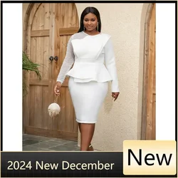 Customized Women White Party Dress Sexy Long Sleeve O Neck Beading Mesh Patchwork Peplum Elegant Event Evening Birthday African
