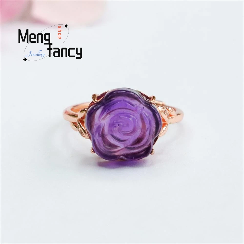 

S925 Silver Natural Amethyst Exquisite Elegant Simple High-grade Rose Ring Sexy Young Girls Fashion Luxury Couple Fine Jewellery