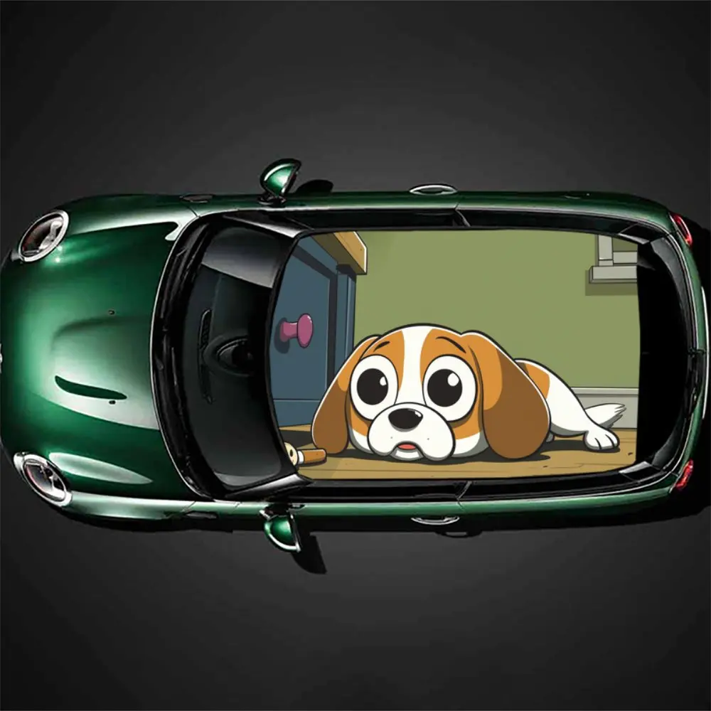 Lying Down Cartoon Beagle Print Car Roof Sticker Wrap Racing SUV Auto Accessories Packaging PVC Car Hood Graphic Decal Decor