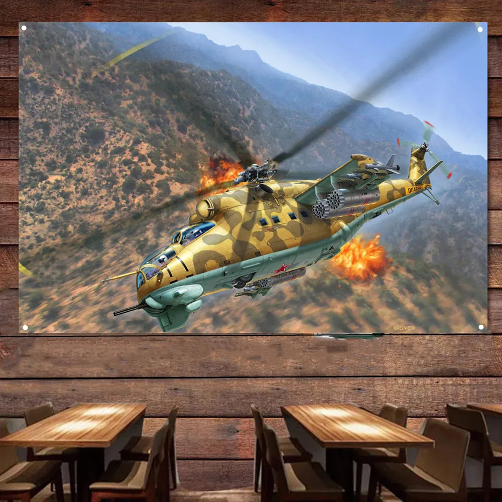 Mi-24 Attack Helicopter Poster Air Force Military Banner & Flag - Collectible Art Works Gift By Army Fans - Aviation Art Decor