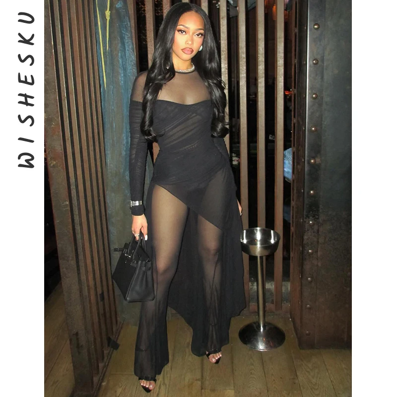 

Elegant Mesh Patchwork Long Dresses Bodycon Package Hip Party Club Evening Dress Sexy Double Layer Perspective Vestidos Clothing
