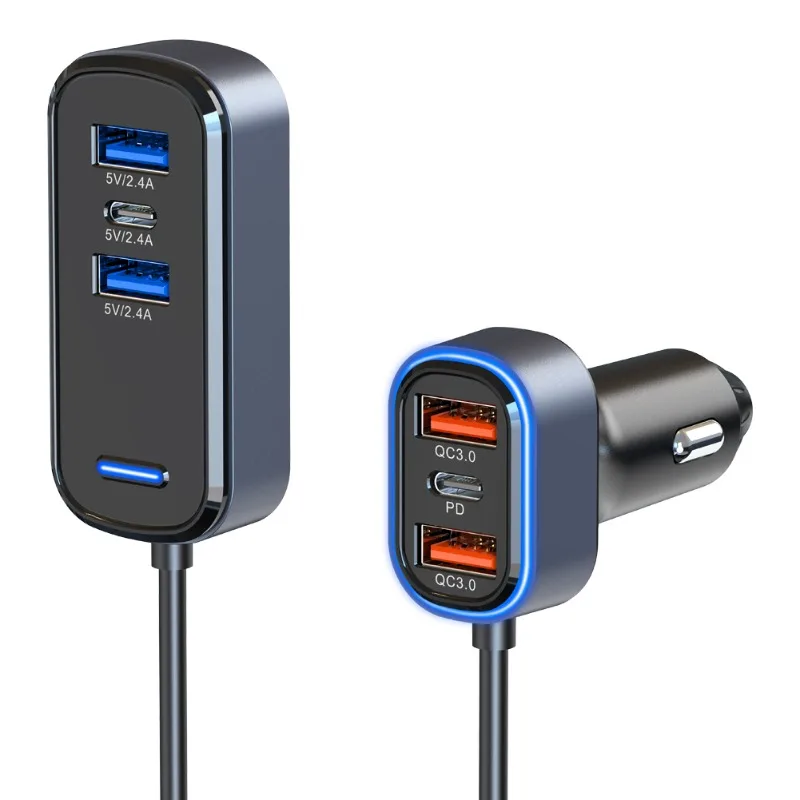 75W Fast Car Charger PD30W The Front and Rear of The 5-port Expansion Car Are Charged Simultaneously 1 Type-c 4 USB 1.5m Cabe