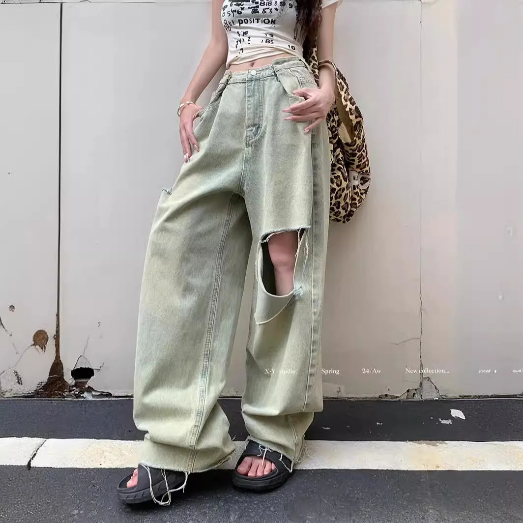 2024 new summer style retro washed cut raw edge ripped jeans women's drapey wide-leg pants