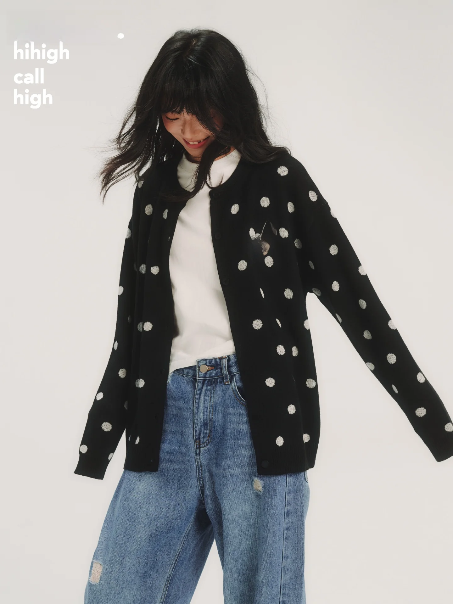 

HHAW25Hand-PainteherryEmbroideredBlaAndWhitePolkaDotKnitteardiganSweaterOuterwearTopWomen'sSpringAutumnWinter