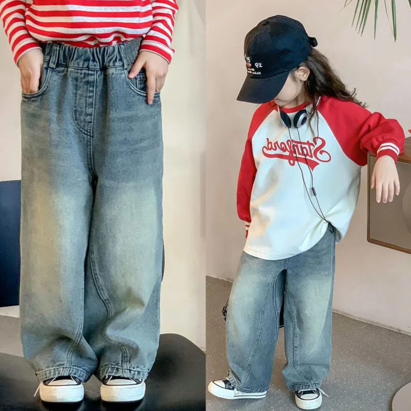 Hnq-Girls' Jeans Autumn New Casual Western Style Wide Leg Pants Denim Trousers Children One Piece Dropshipping