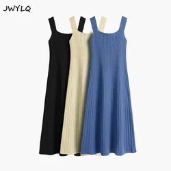 Summer Solid Simple A-line Knitted Dresses Casual Basic Sleeveless Black Apricot Blue Sweaters Dress New Streetwear Long Dresses