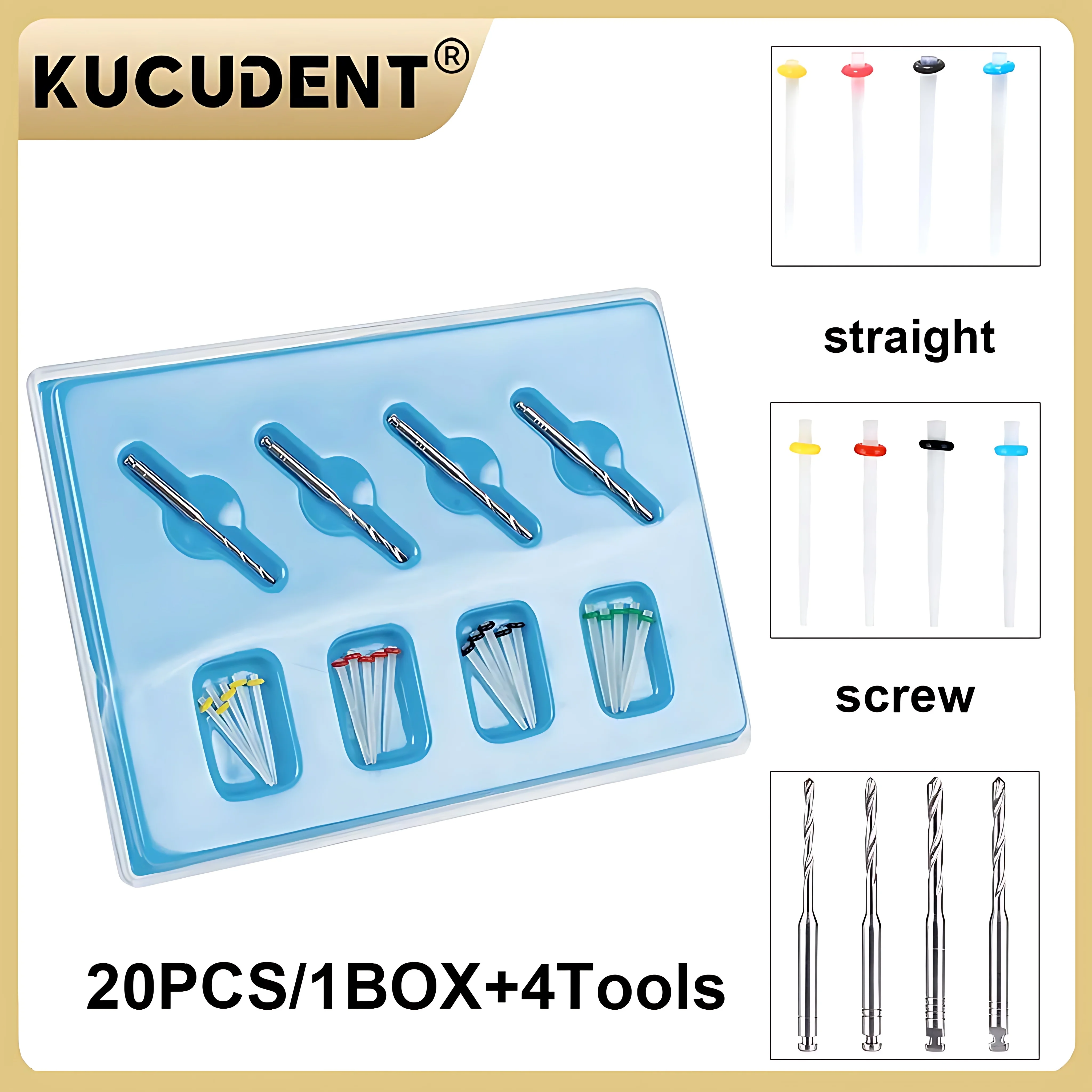

KUCUDENT Complete Dental Quartz Fiber Post Kit 20 Posts 4 Drills Screw Straight Type for High Esthetic Root Canal Restoration
