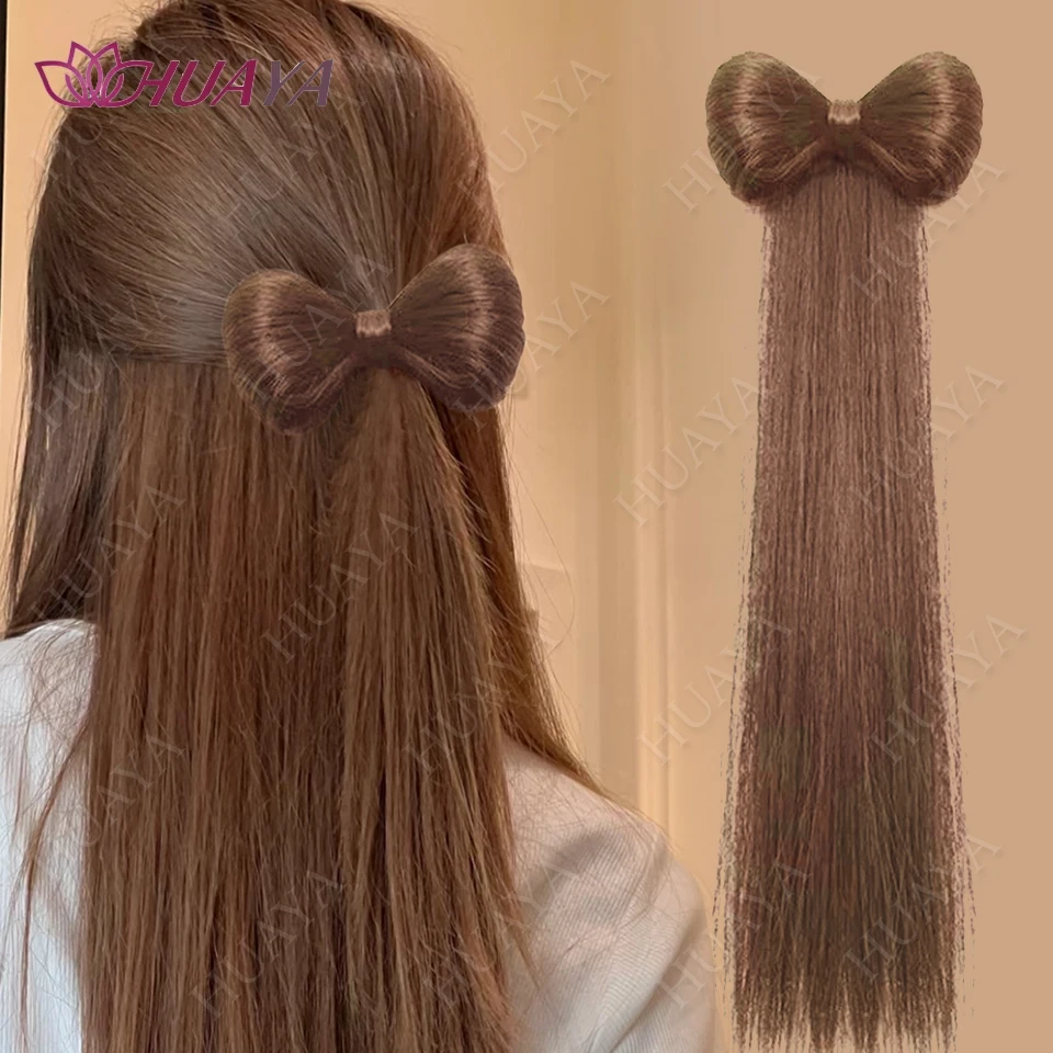 Synthetic Bow Bun Chignon with Long Straight Hair THeat Resistant Natural Fake Ponytail Hair Extensions Accessories Fluffy Bow H