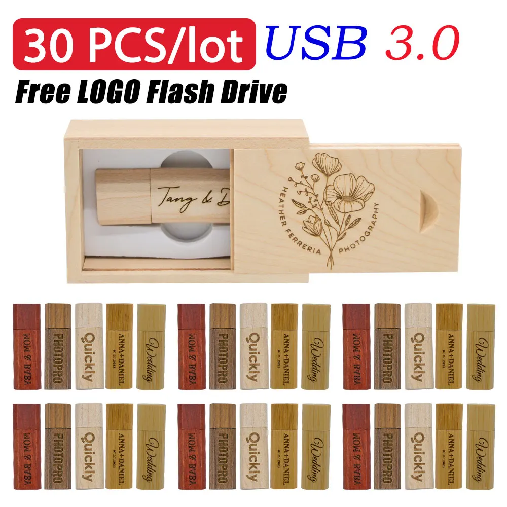 30PCS/Lot 3.0 High Speed USB Flash Drive 4GB 8GB Maple wood/ bamboo 16GB 32GB Pen Drive 64GB128GB Pendrive Free creative logo