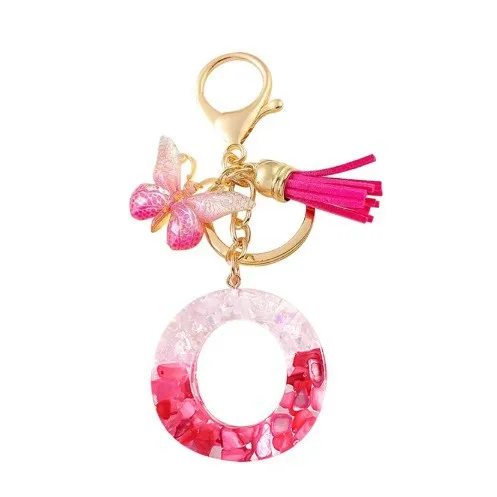 Pink Stone Filled Resin Letter Keychain A-Z 26 Initials Name Butterfly Tassel Pendant With Key Holder Luggage Backpack Tag Decor