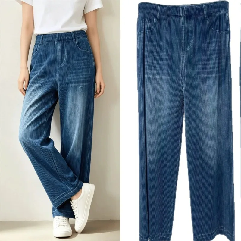 Miyake Pleated Faux Denim Straight Pants Women 2026 Autumn New Vintage Washed Distressed Texture Trousers Slim Wide Leg Pants