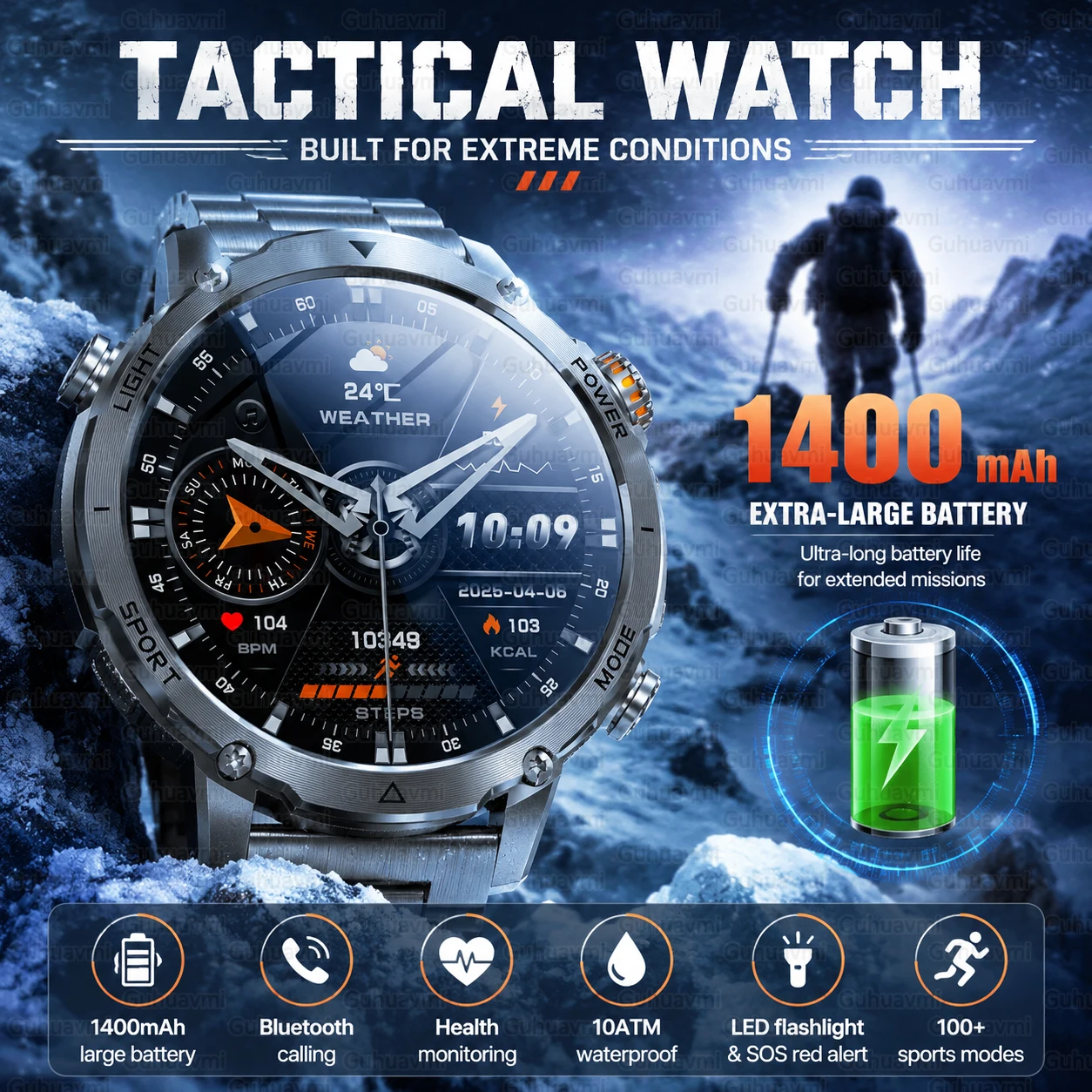 2026 Neue Militär-Smartwatch mit 1400mAh Akku für Herren, Outdoor-Taschenlampe, 10ATM Wasserdicht, Herzfrequenzmessung, Bluetooth-Anrufe, Sport-Armband