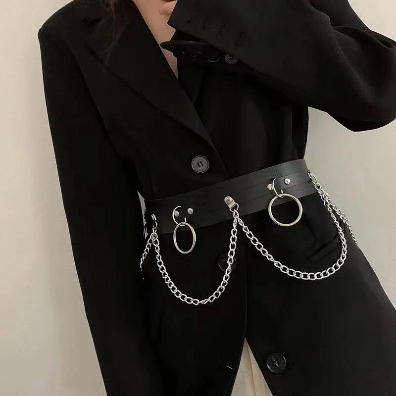 Sexy Women Gothic Hip Hop Belt With Chain Harajuku Punk Style Jk Waist Adjustable Disco Dancing Pu Dress Jeans Waist Chain