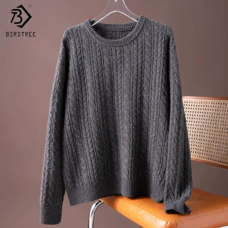

Birdtree,Autumn Basics Knitted Sweater,100% Sheep Wool,Woman O-neck Full Sleeve Soft Knitwear,2025 New Grey Pullover T5O526JF