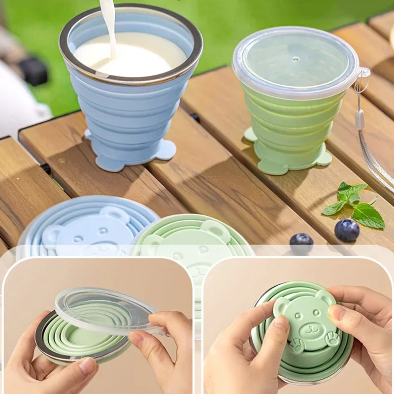 Klappbecher, farbig, tragbar, Silikon, Camp-Tasse, wiederverwendbar, für Outdoor-Reisen, Trinkbecher, teleskopisch, mit Deckel, Kaffee-Mundwasser-Tasse