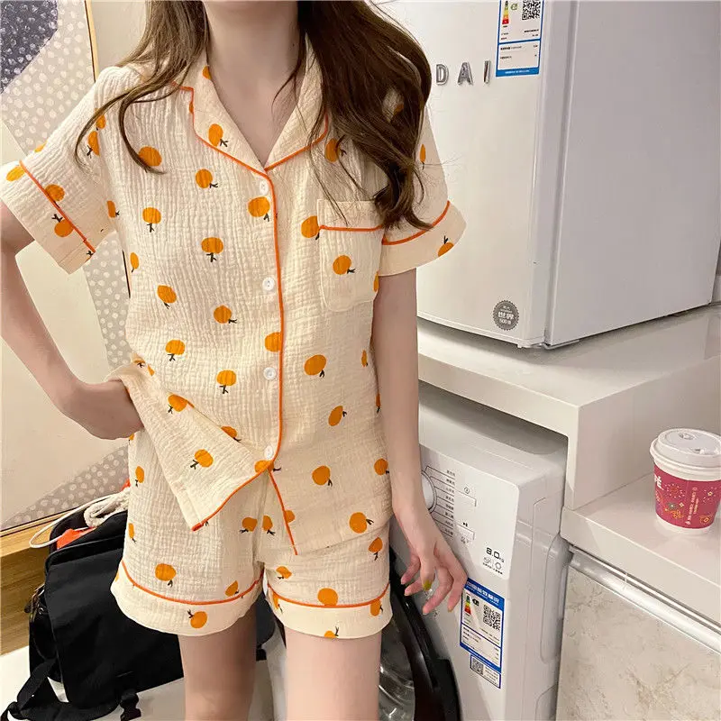 2024 New Summer Women Pajama Sets Korean Style Girls Short Sleeve Sleepwear Orange Print Pijamas Student Cute 2 Pieces Home Suit