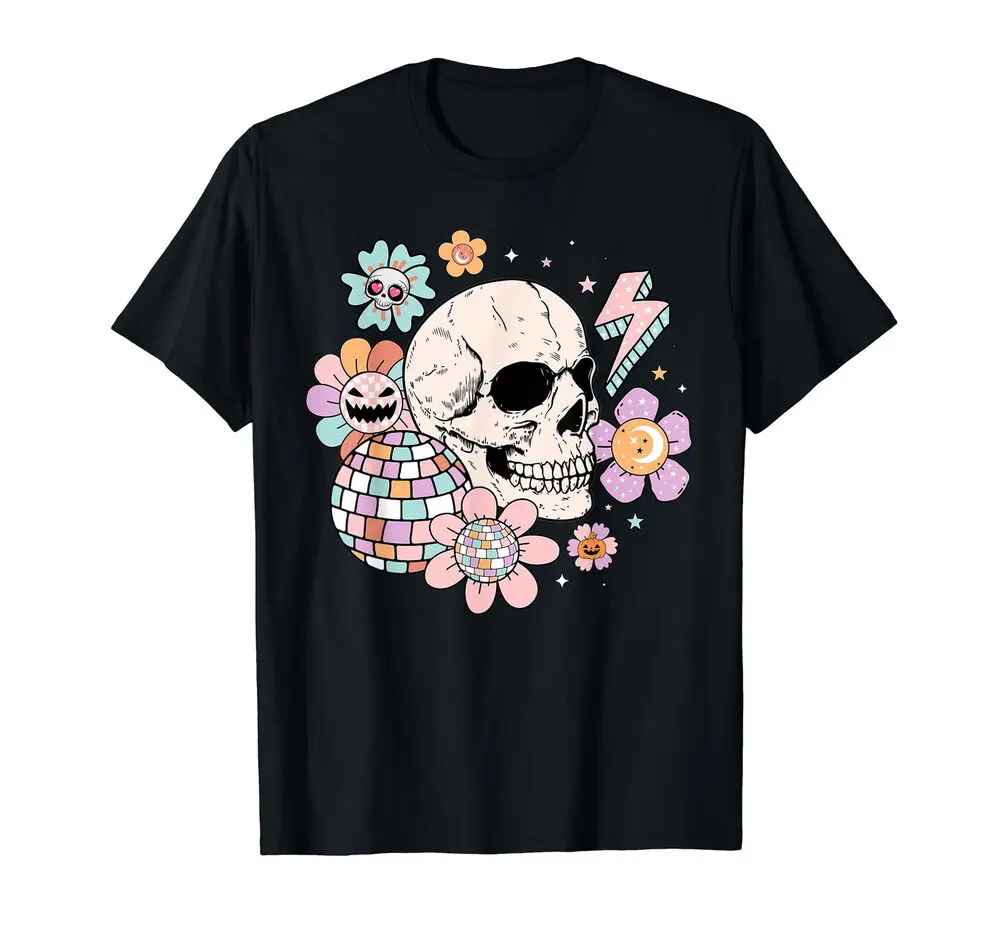 Groovy Halloween Skeleton Black T-Shirt Anime Graphic T-shirts for Men Clothing Women Tees High Quality 100%Cotton Short Sleeve