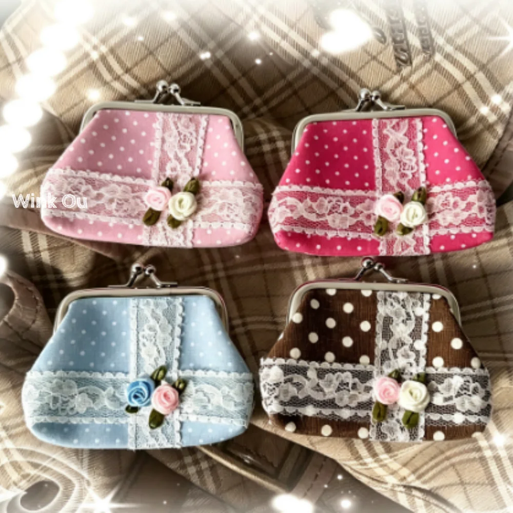 Retro Women Small Change Purse Sweet Polka‑Dot Fabric Lace Rose Ornament Kiss Lock Mini Wallet Earbud Lipstick Cards Storage Bag