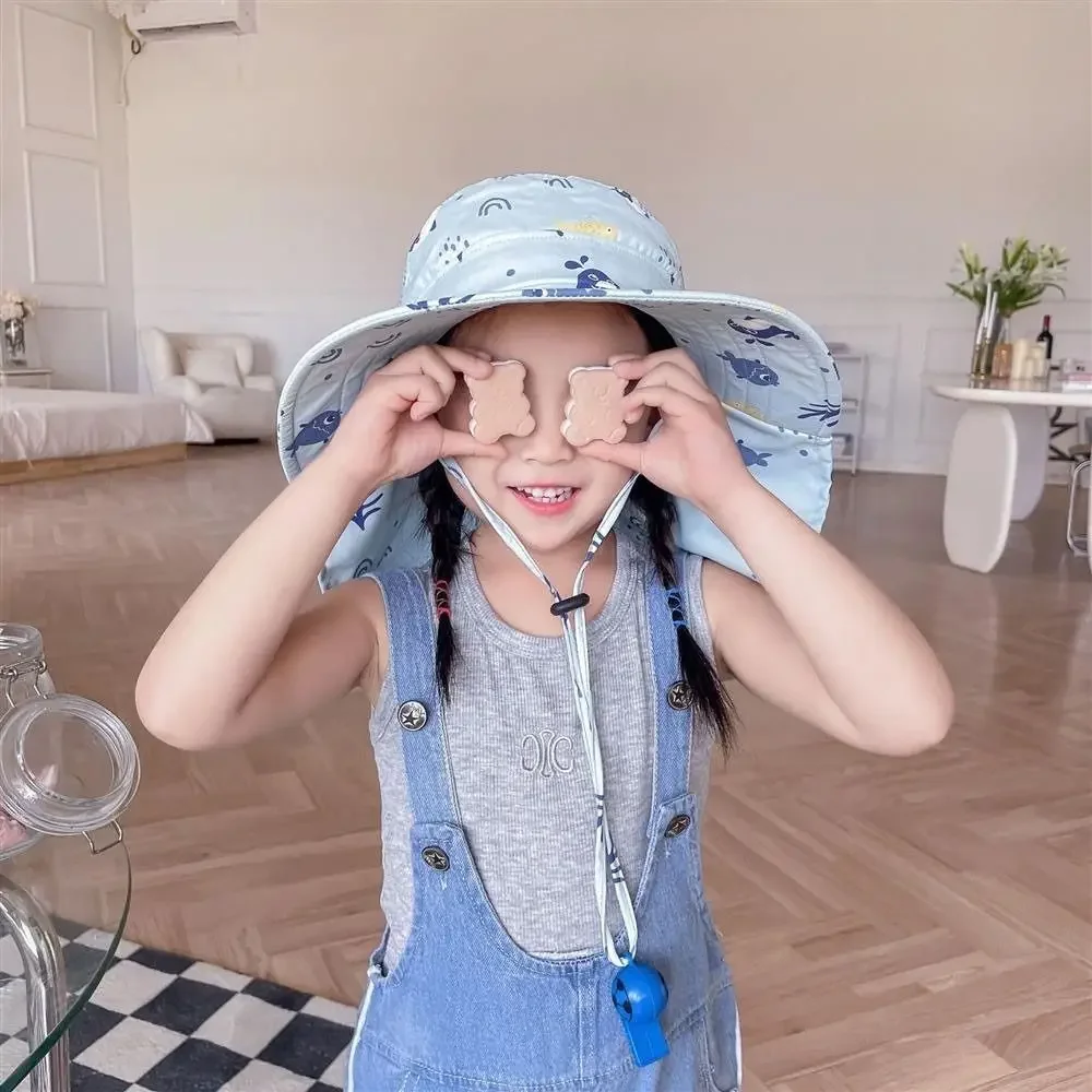 Gorra de cubo, sombrero de verano para bebé, cubierta para la oreja y el cuello, ala ancha, sombrero de protección solar para niños, Anti UV con silbato, gorros de playa para niños, protección UV