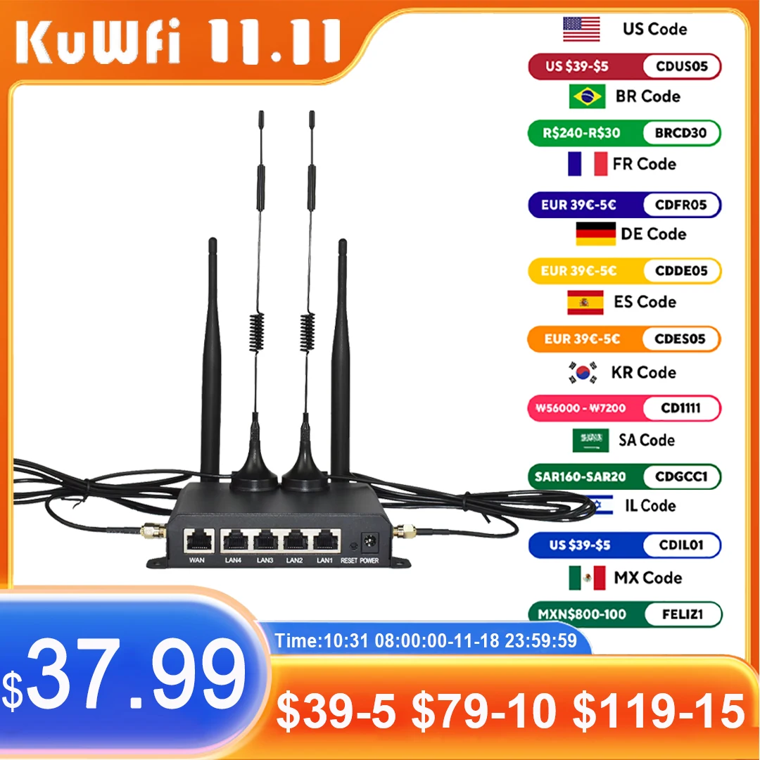 

KuWFi 4G LTE WiFi Router 2.4G CAT4 300Mbps RJ45 Port Support VPN DDNS Firewall Function Wall-Mounted External 4pcs Antennas