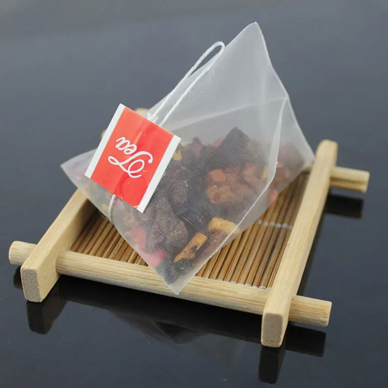 100pcs/lot Pyramid Tea Bags Filter Nylon Teabags Single String With Label Transparent Empty Tea Bag