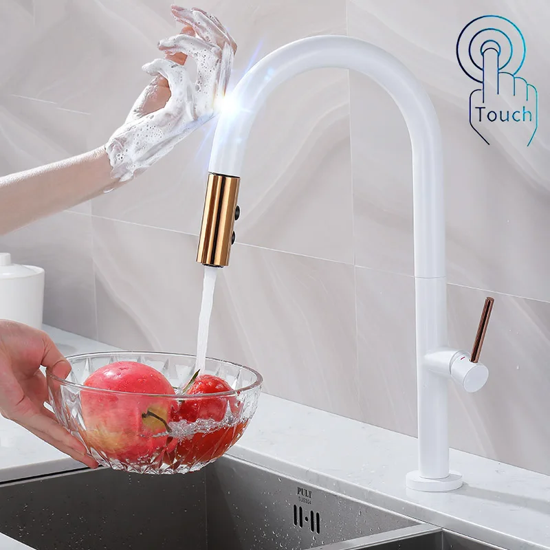 White Gold Touch Kitchen Mixer Tap Quality 304 Stainless Steel Pull Down Kitchen Faucet Smart Sensor Pull Out Kitchen Faucets