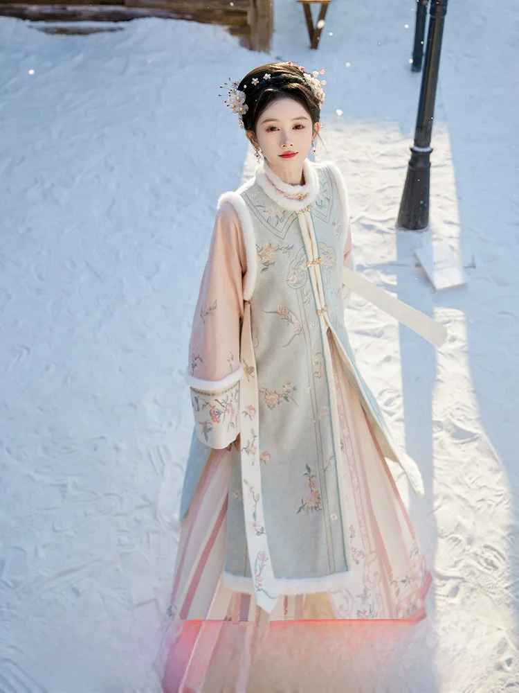 

Original Hanfu Set by July Evening Blue Long Bis Jaet And Tail Skirt Women's Stand Collar ort irt for Autumn Winter