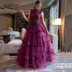 Sunflower High Neck Formal Evening Dress 2023 Slim Appliques Tiered Tulle A-LINE Floor-Length High-end Custom Party Gowns