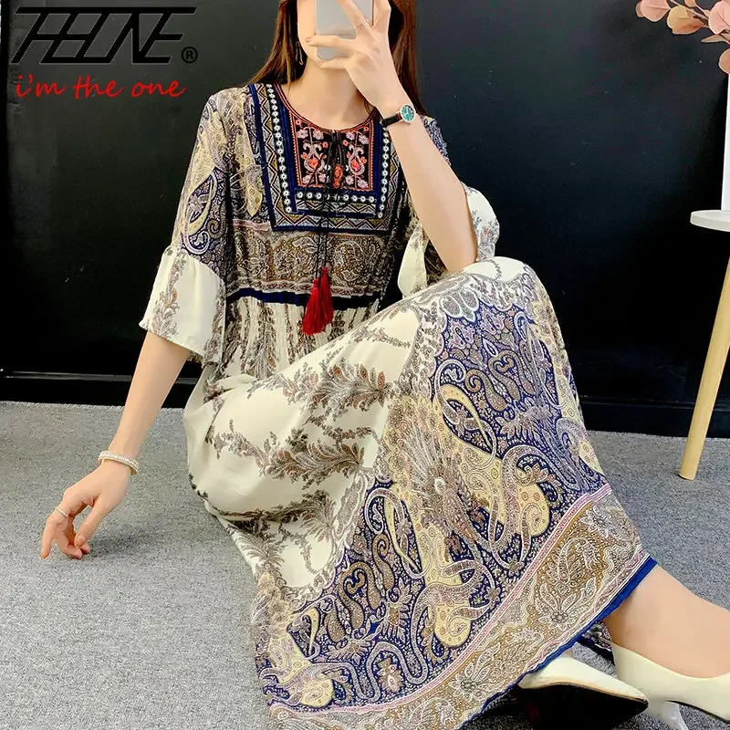 THHONE Women Dress Indian Loose Bohemian Korean Style Long Tassels Casual Vintage Vestidos Robe High Waist Round Neck Floral