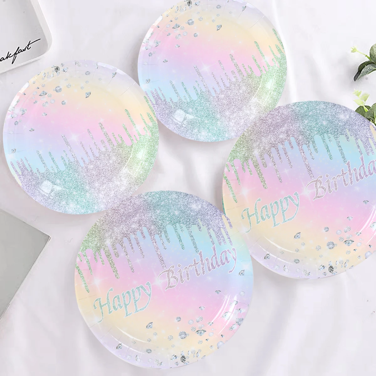 Conjunto De Louça De Papel Descartável para Meninas, Macaron Arco-Íris, Placa De Diamante, Copos, Guardanapos, Suprimentos De Festa De Aniversário Doce