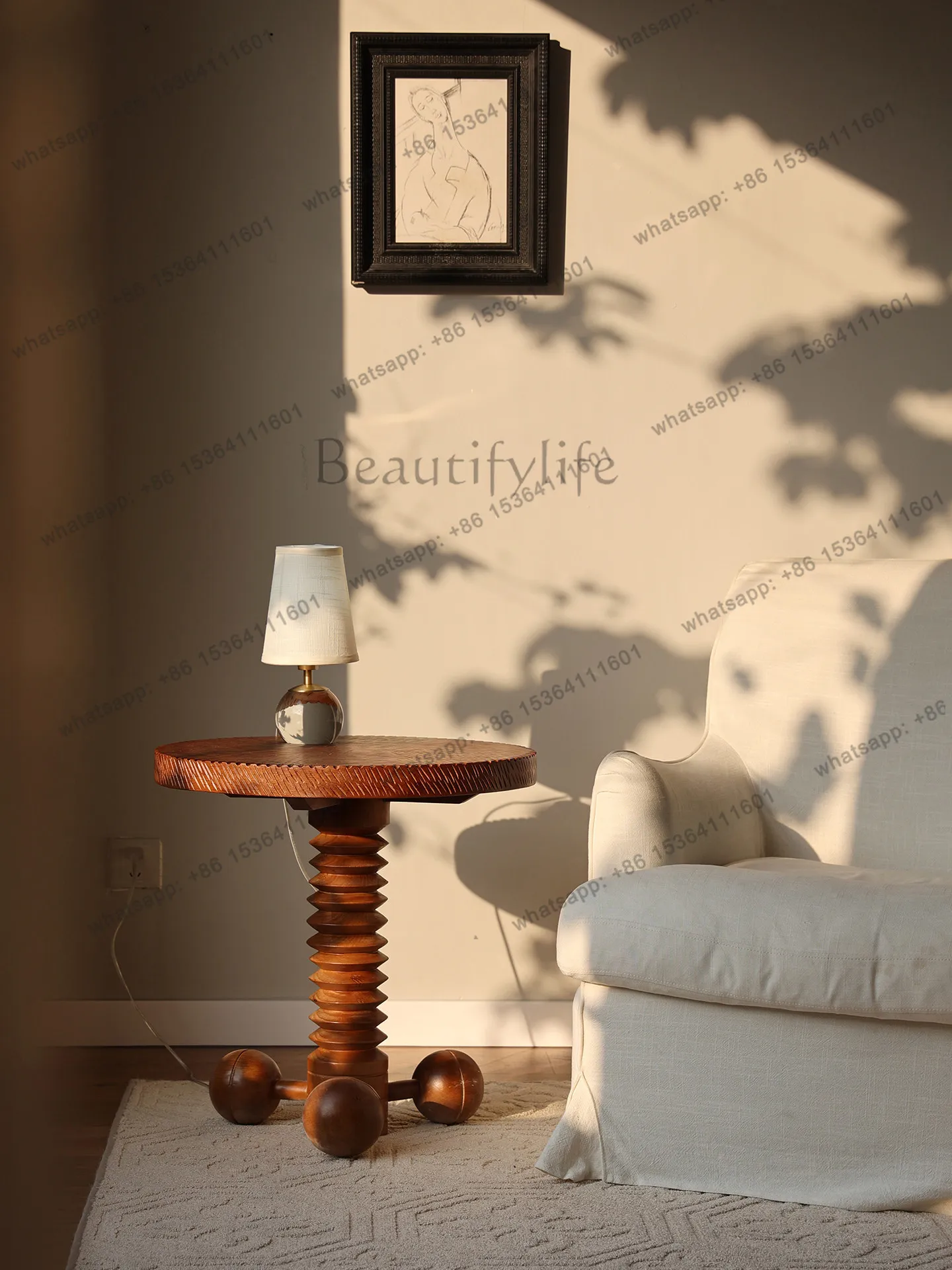 Retro medieval style removable handmade solid wood small table round table sofa edge small coffee table