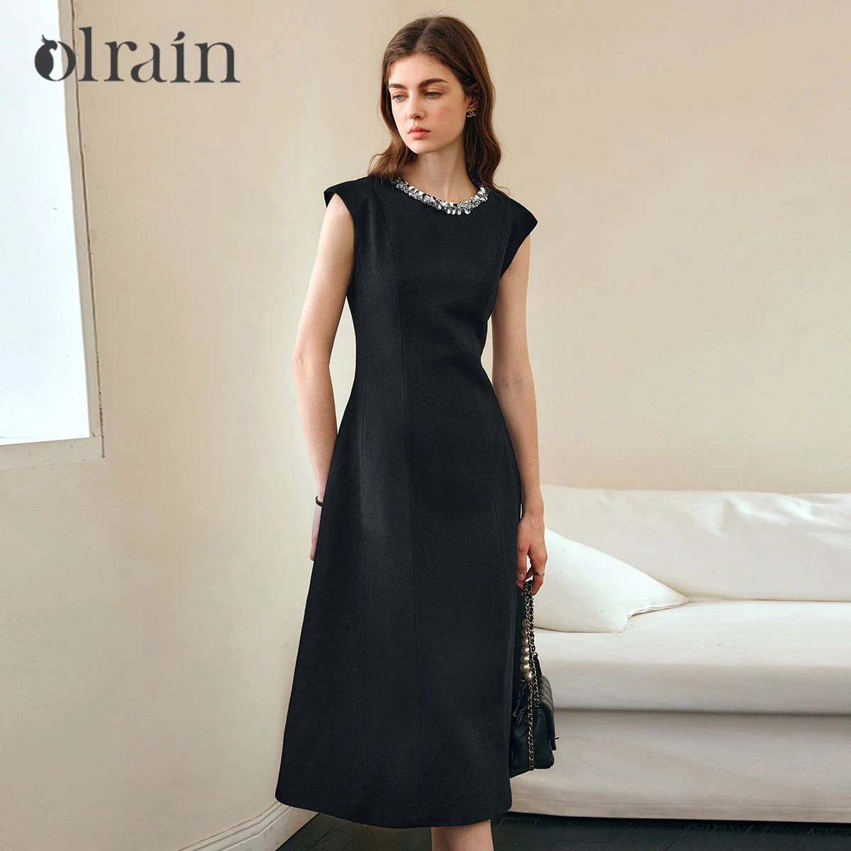 

OLrain Sequins Women's Dresses 2026 Summer Fashion Black Sleeveless O Neck A-Line Elegant Long Dress Office Dress M57CL96199